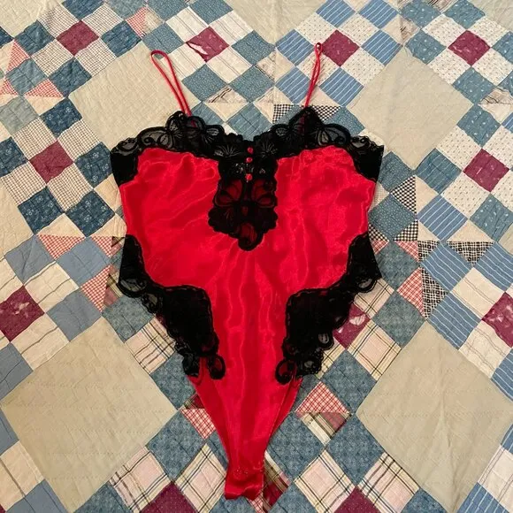 1990s Gold Label Victoria's Secret Satin Silky Lace Leotard Bodysuit Sexy Cami
