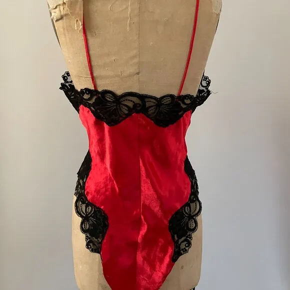 1990s Gold Label Victoria's Secret Satin Silky Lace Leotard Bodysuit Sexy Cami