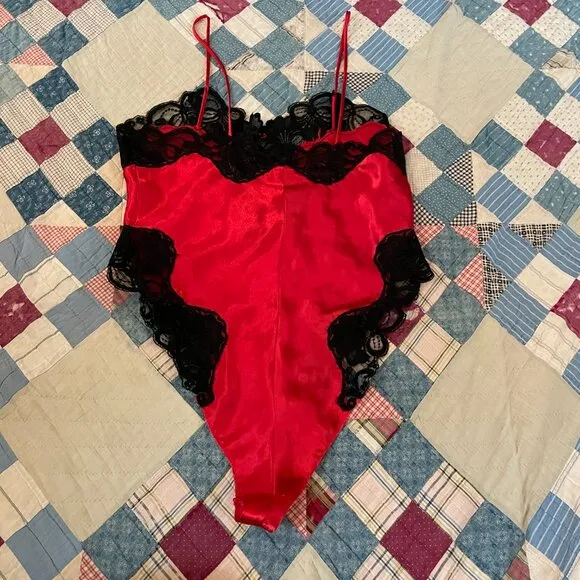 1990s Gold Label Victoria's Secret Satin Silky Lace Leotard Bodysuit Sexy Cami