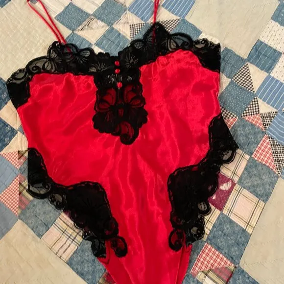 1990s Gold Label Victoria's Secret Satin Silky Lace Leotard Bodysuit Sexy Cami