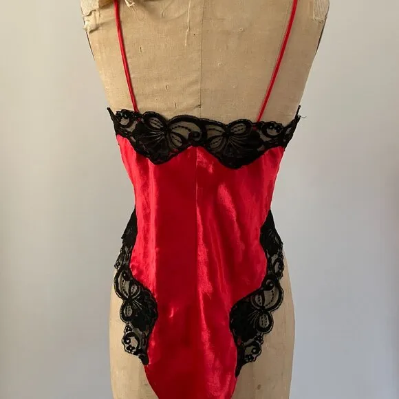 1990s Gold Label Victoria's Secret Satin Silky Lace Leotard Bodysuit Sexy Cami