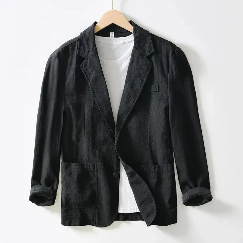 2023 White black blue Travel quality Men's Casual Suit Autumn Cotton Linen Loose Solid Color Thin Regular Casual Suit Jacket