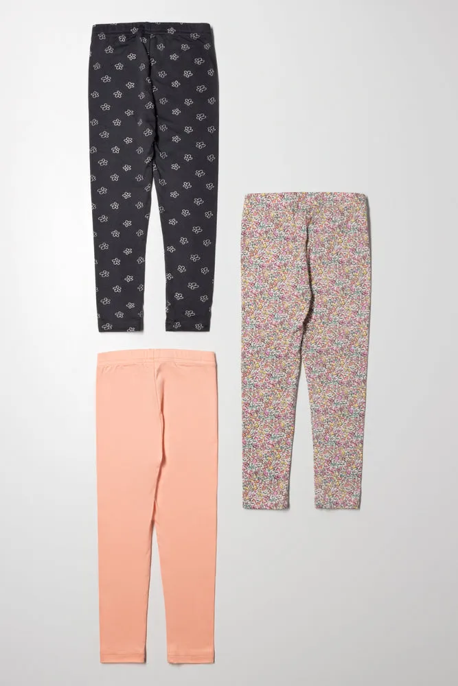 3 Pack Floral Leggings Peach And Dark Grey