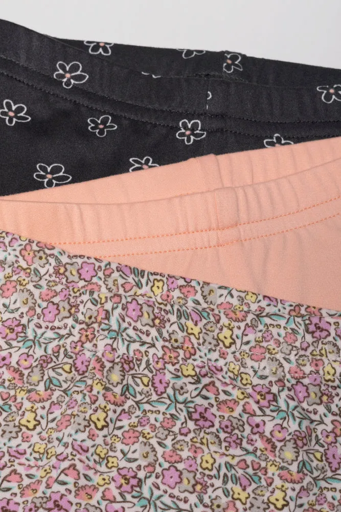3 Pack Floral Leggings Peach And Dark Grey