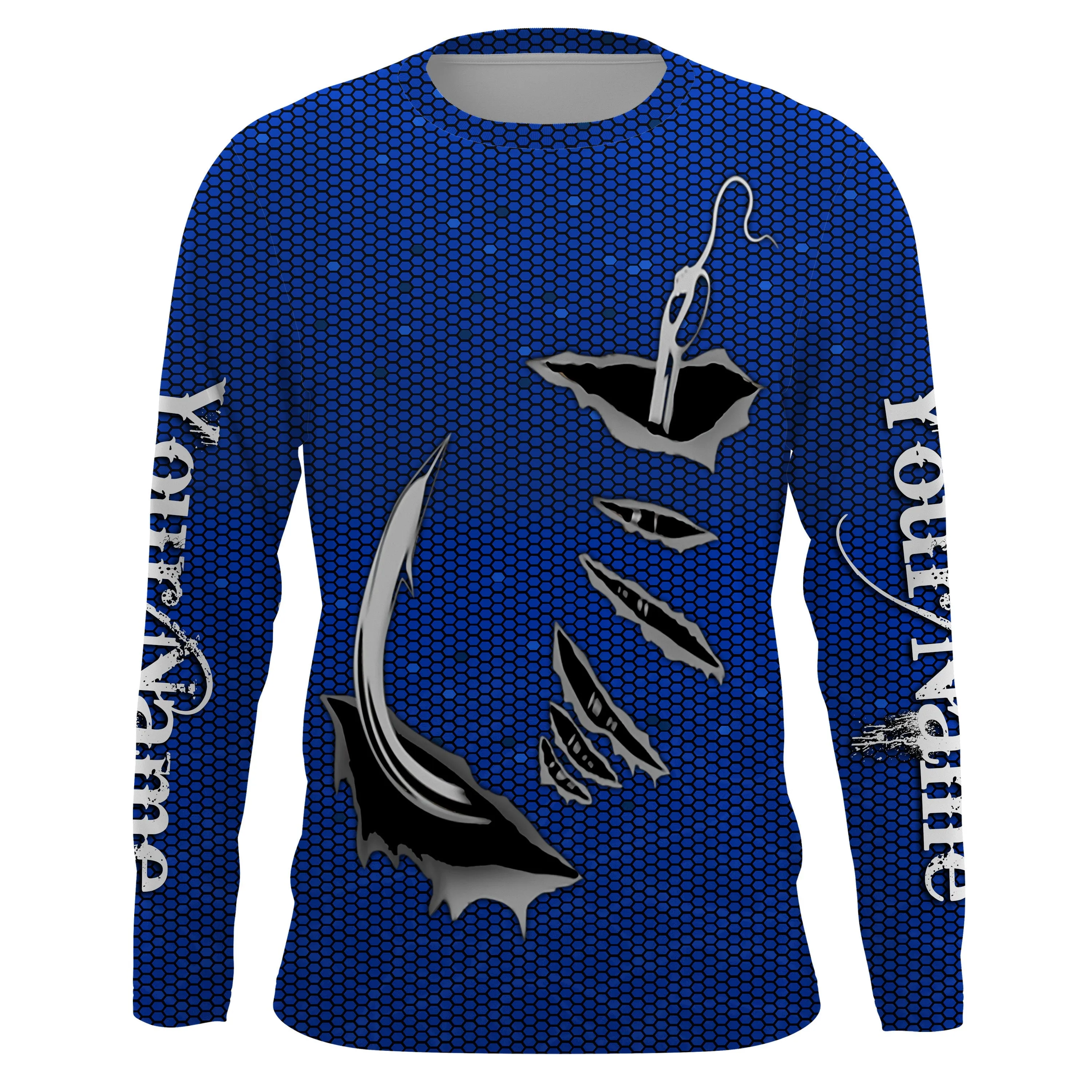 3D Fish hook Custom Long Sleeve performance Fishing Shirts, personalized Fishing gift ideas | blue IPHW1706