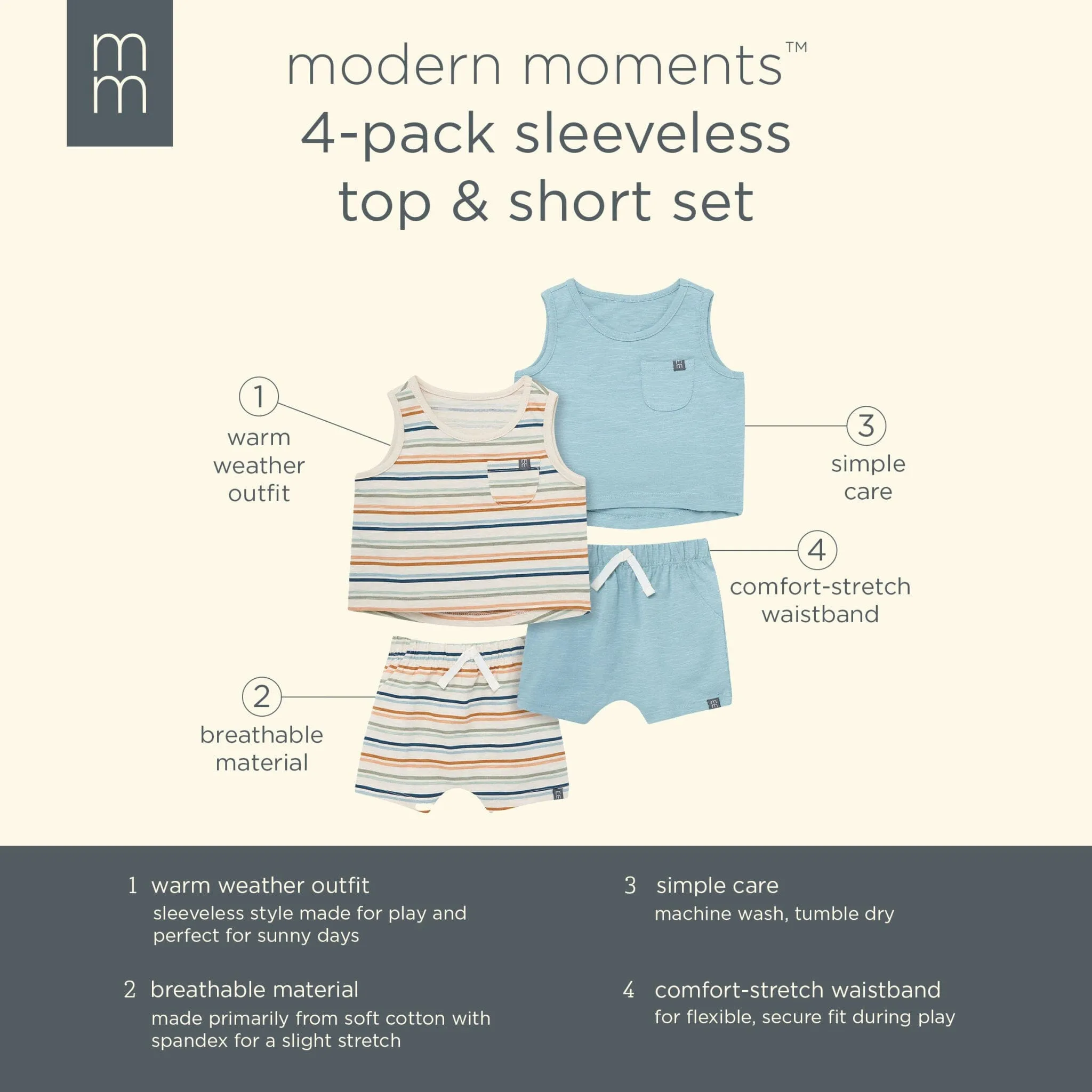 4-Piece Baby Boys Beige Stripe Sleeveless Shirts and Shorts Set