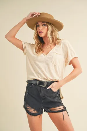 Aemi   Co Side Slit V-Neck Short Rolled Sleeve T-Shirt