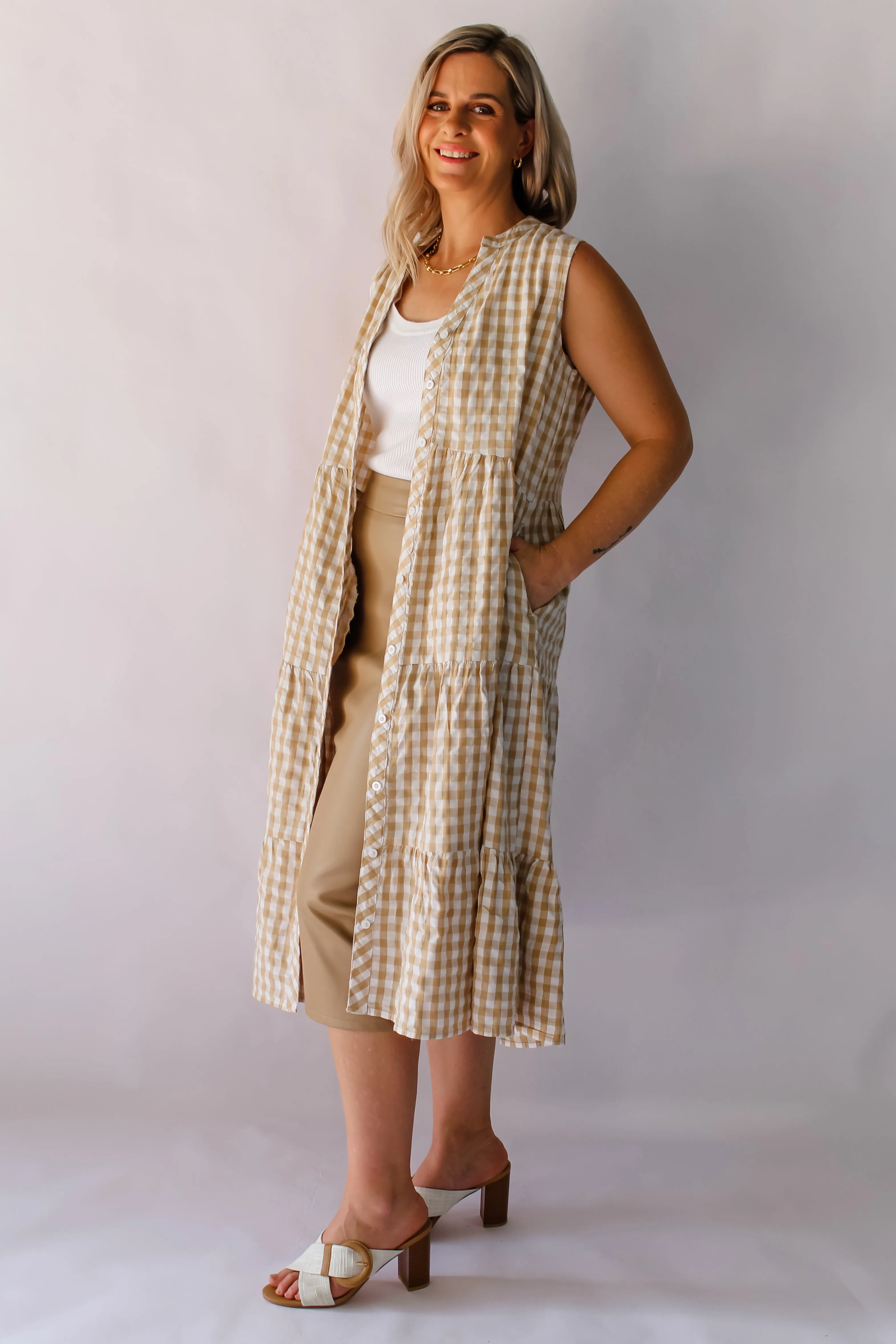 AMITY DRESS - BEIGE GINGHAM