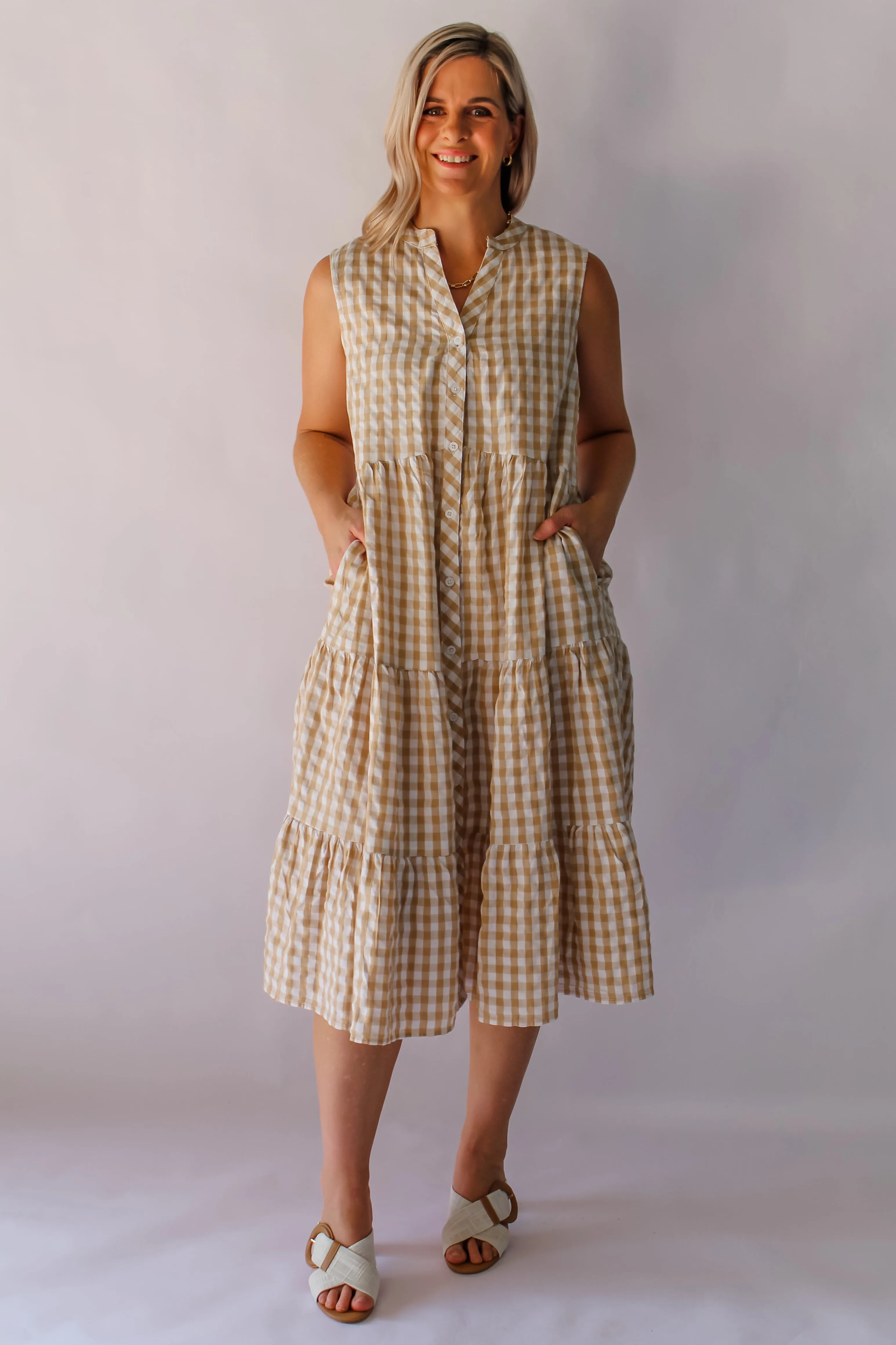 AMITY DRESS - BEIGE GINGHAM