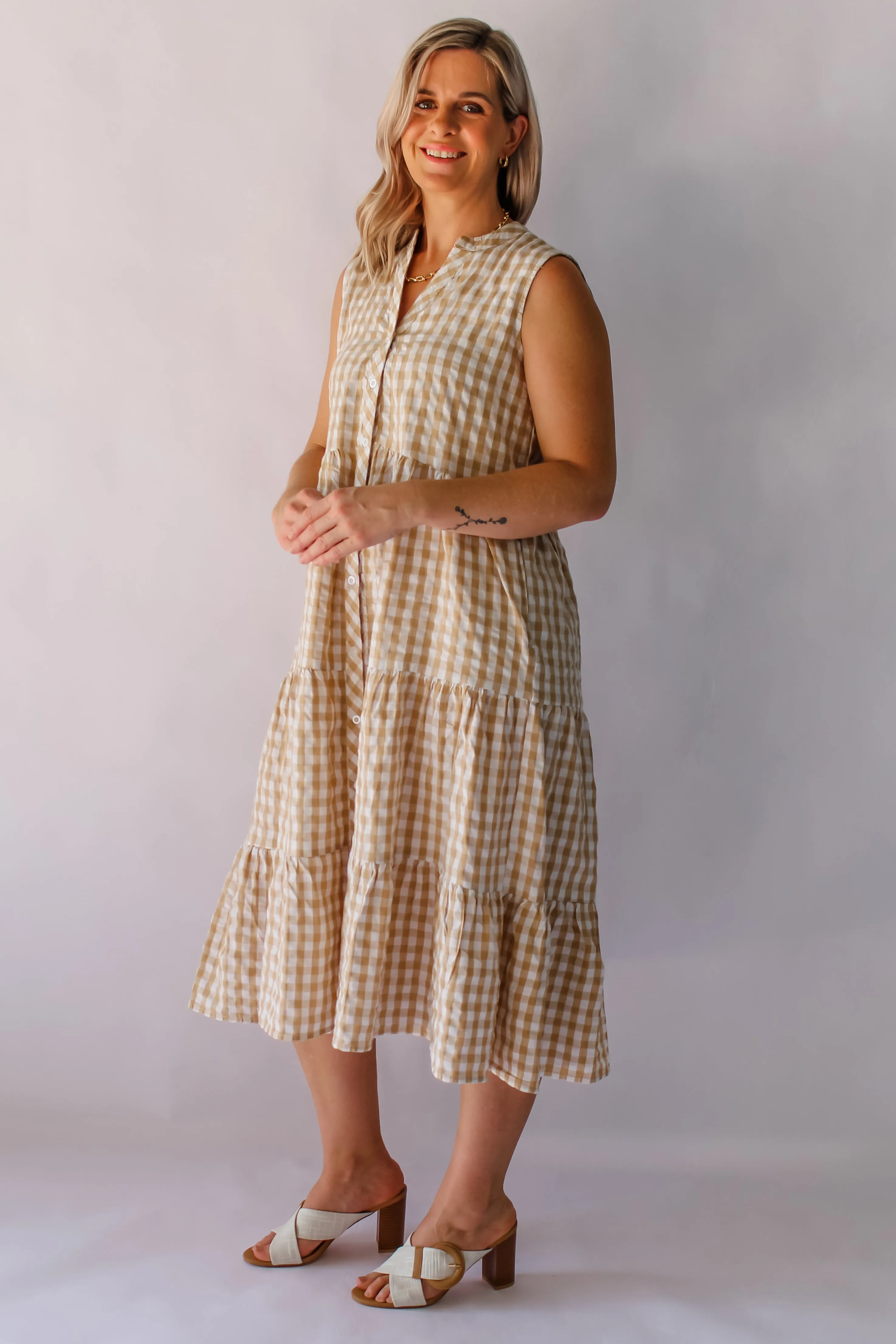 AMITY DRESS - BEIGE GINGHAM