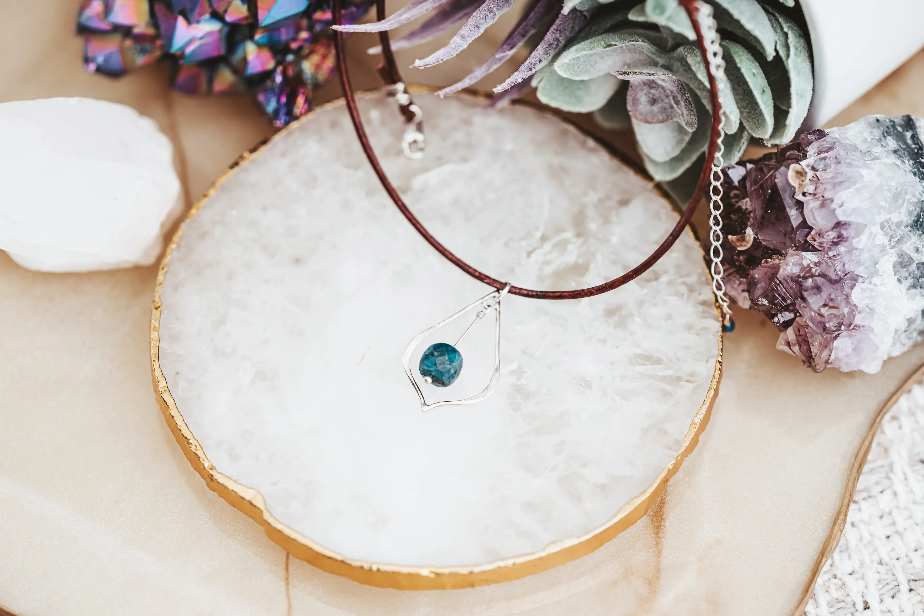 Apatite Gemstone Drop Silver and Leather TWO Necklace Set