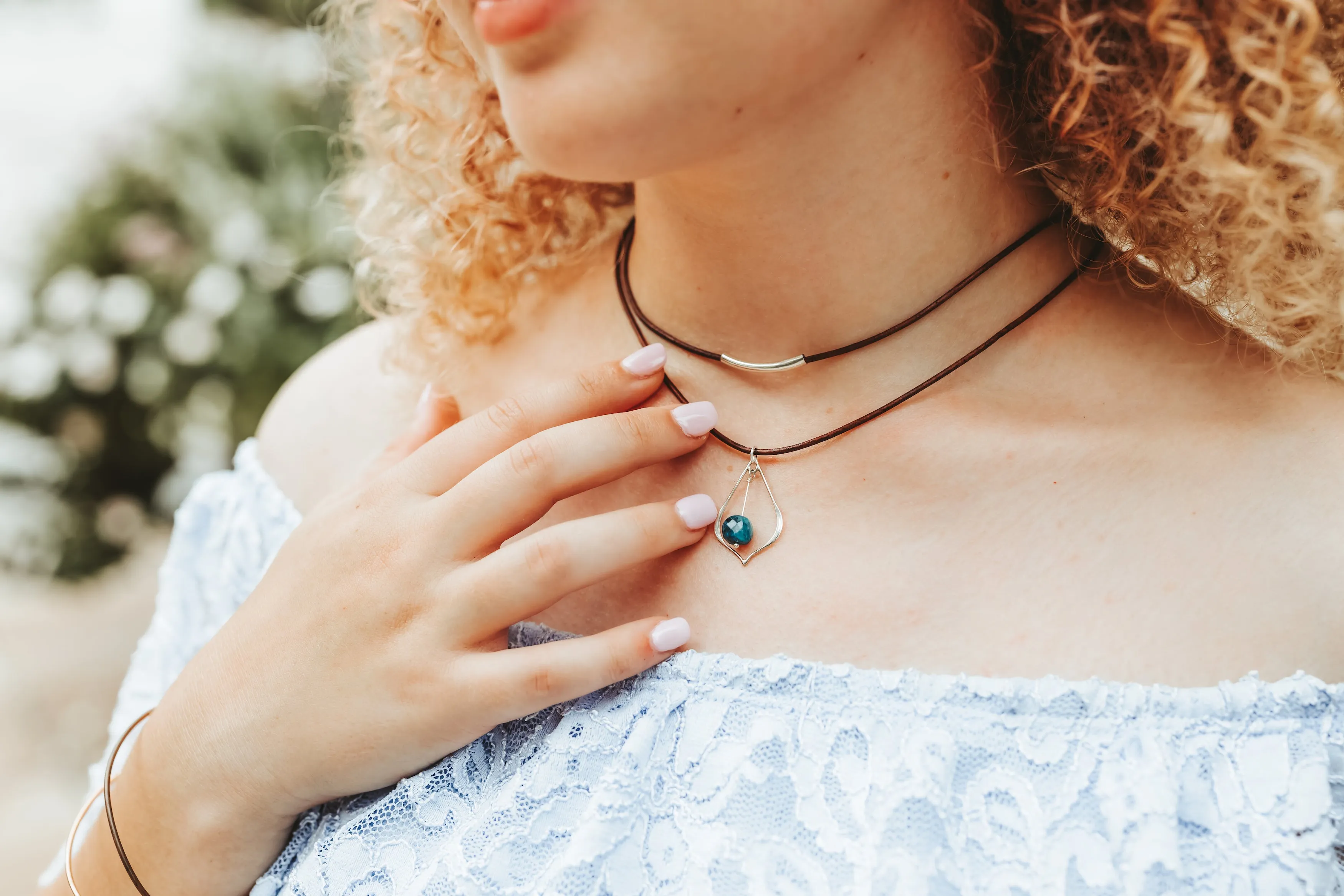 Apatite Gemstone Drop Silver and Leather TWO Necklace Set