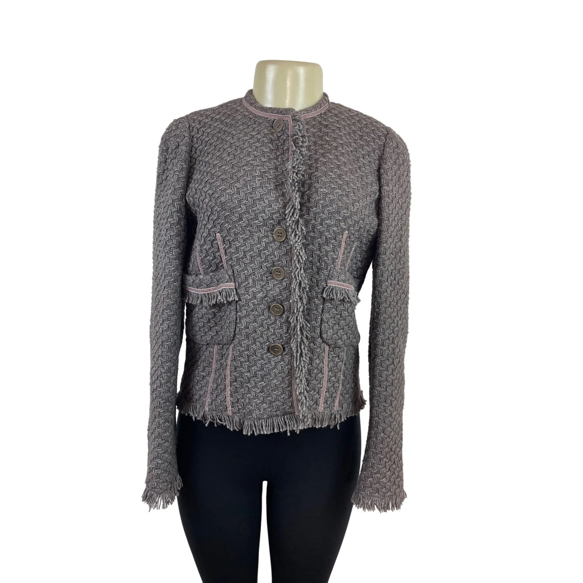 Armani Women’s Gray Button-Up Jacket With Pink Trim Accents Long Sleeves Sz 8
