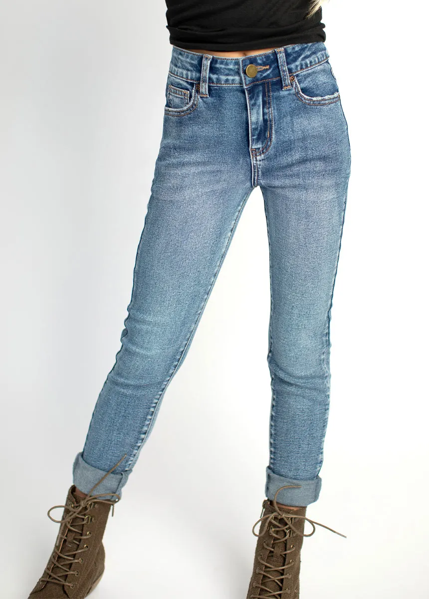 Avery Dark Distressed Skinnies in Indigo