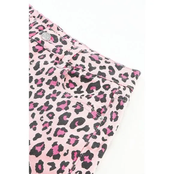 Azura Exchange  Pink Leopard Print Raw Hem Denim Shorts