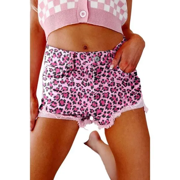 Azura Exchange  Pink Leopard Print Raw Hem Denim Shorts