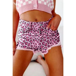 Azura Exchange  Pink Leopard Print Raw Hem Denim Shorts