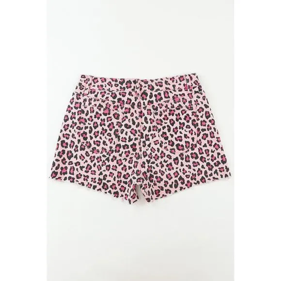 Azura Exchange  Pink Leopard Print Raw Hem Denim Shorts