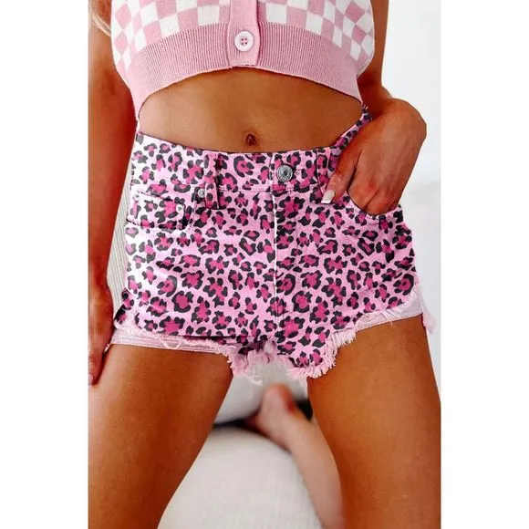 Azura Exchange  Pink Leopard Print Raw Hem Denim Shorts