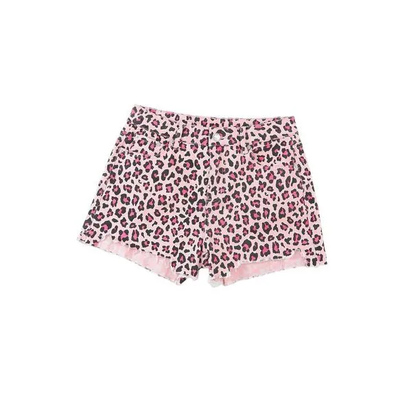 Azura Exchange  Pink Leopard Print Raw Hem Denim Shorts