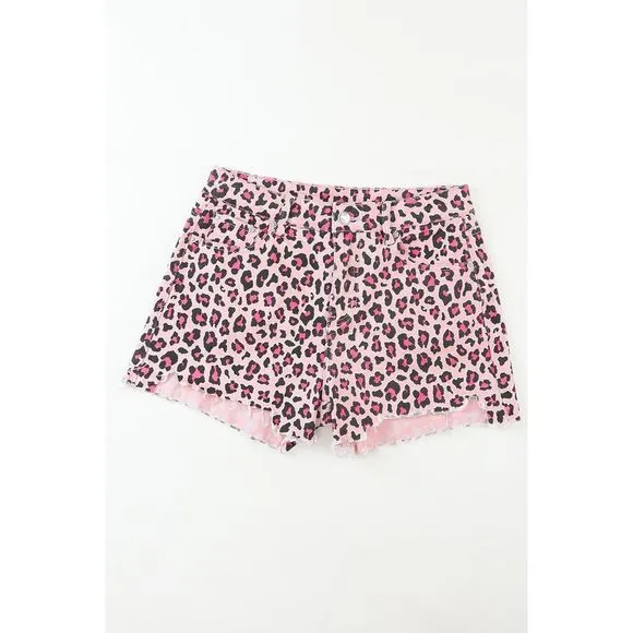 Azura Exchange  Pink Leopard Print Raw Hem Denim Shorts