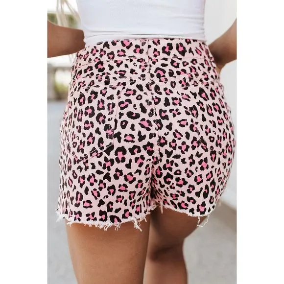 Azura Exchange  Pink Leopard Print Raw Hem Denim Shorts