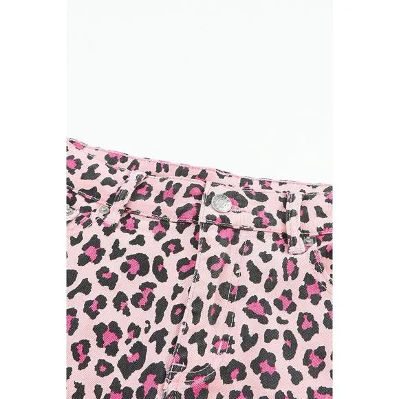 Azura Exchange  Pink Leopard Print Raw Hem Denim Shorts