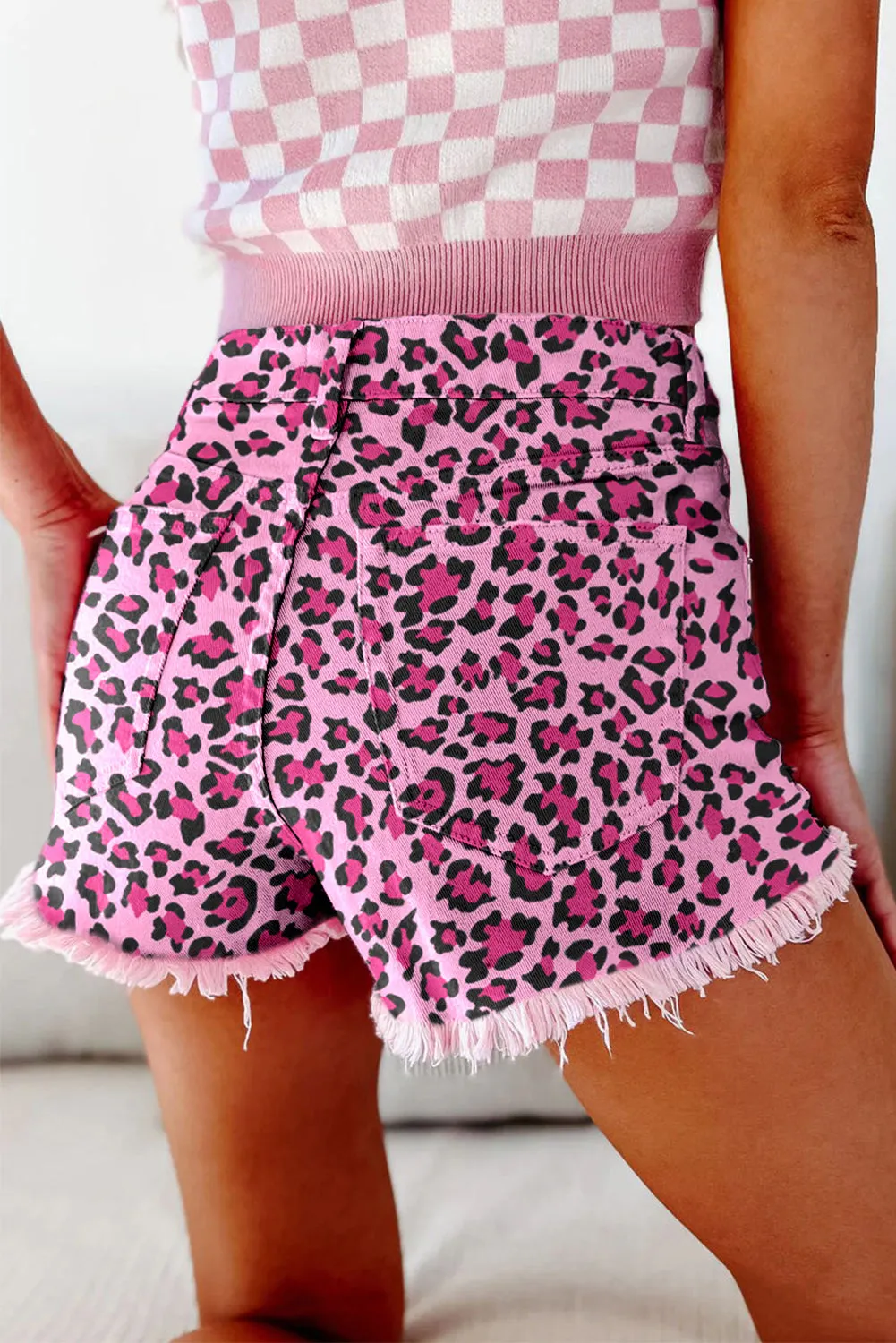 Barbie Style  Pink Leopard Print Raw Hem Denim Shorts