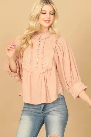 BIB NECK FLORAL PATCH PUFF SLEEVE SOLID TOP