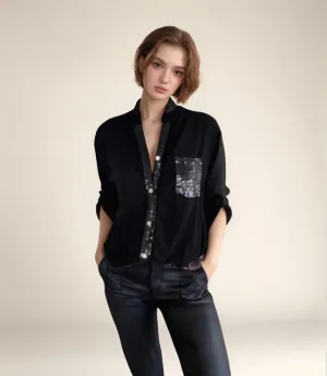 Black Sequin Shirt with Pocket Detailing