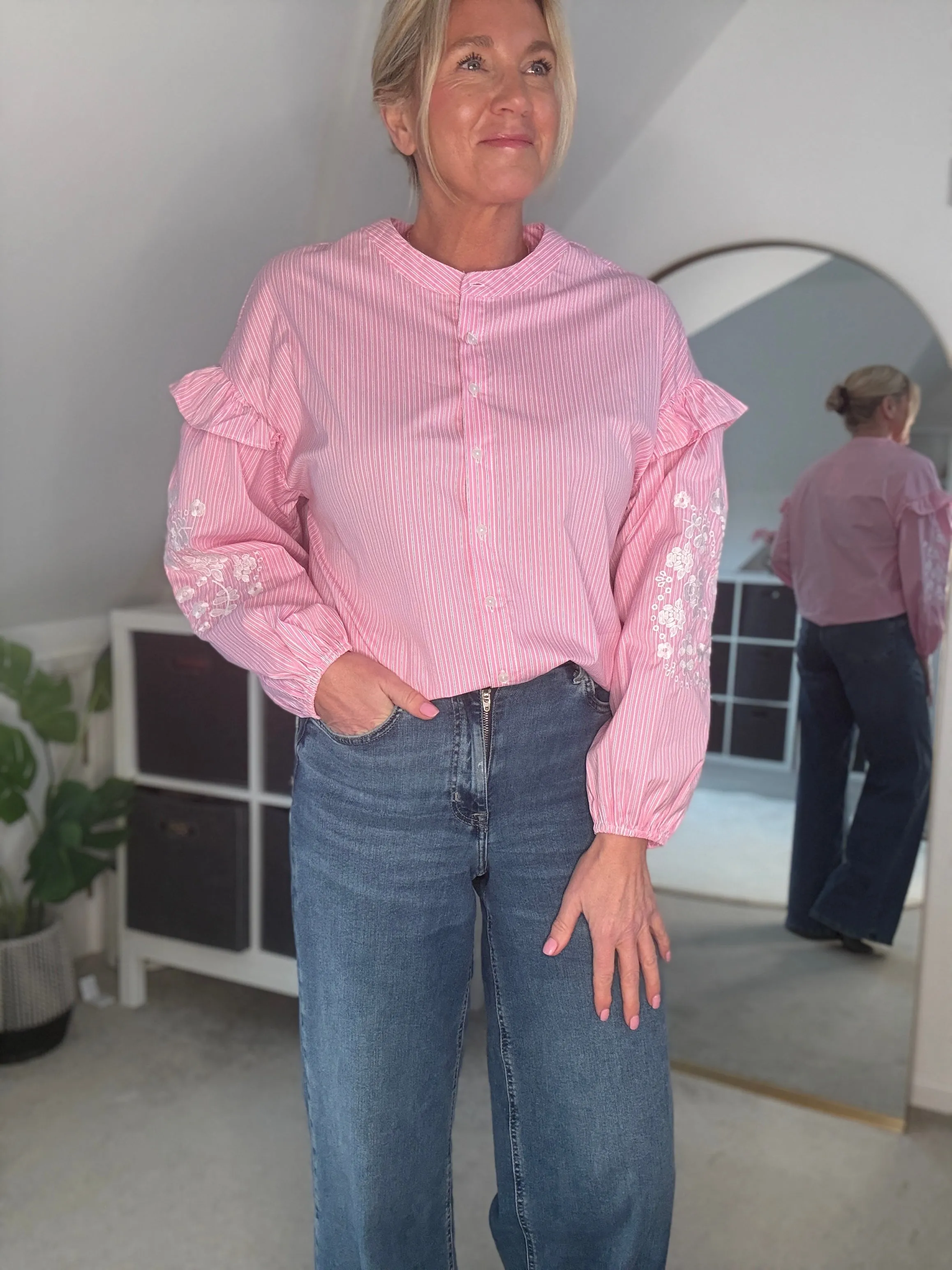Blue Pinstripe Embroidered Sleeve Shirt