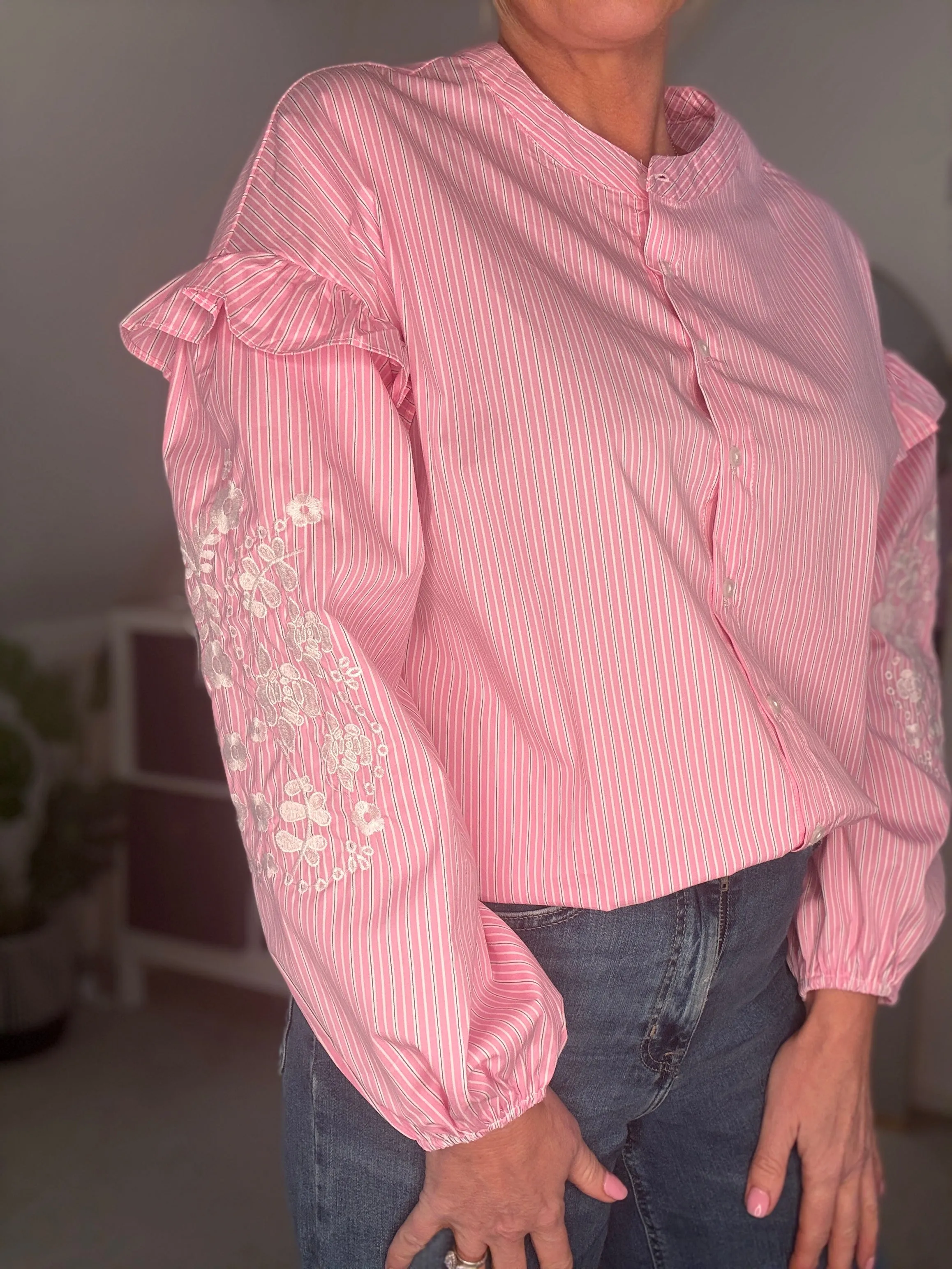 Blue Pinstripe Embroidered Sleeve Shirt