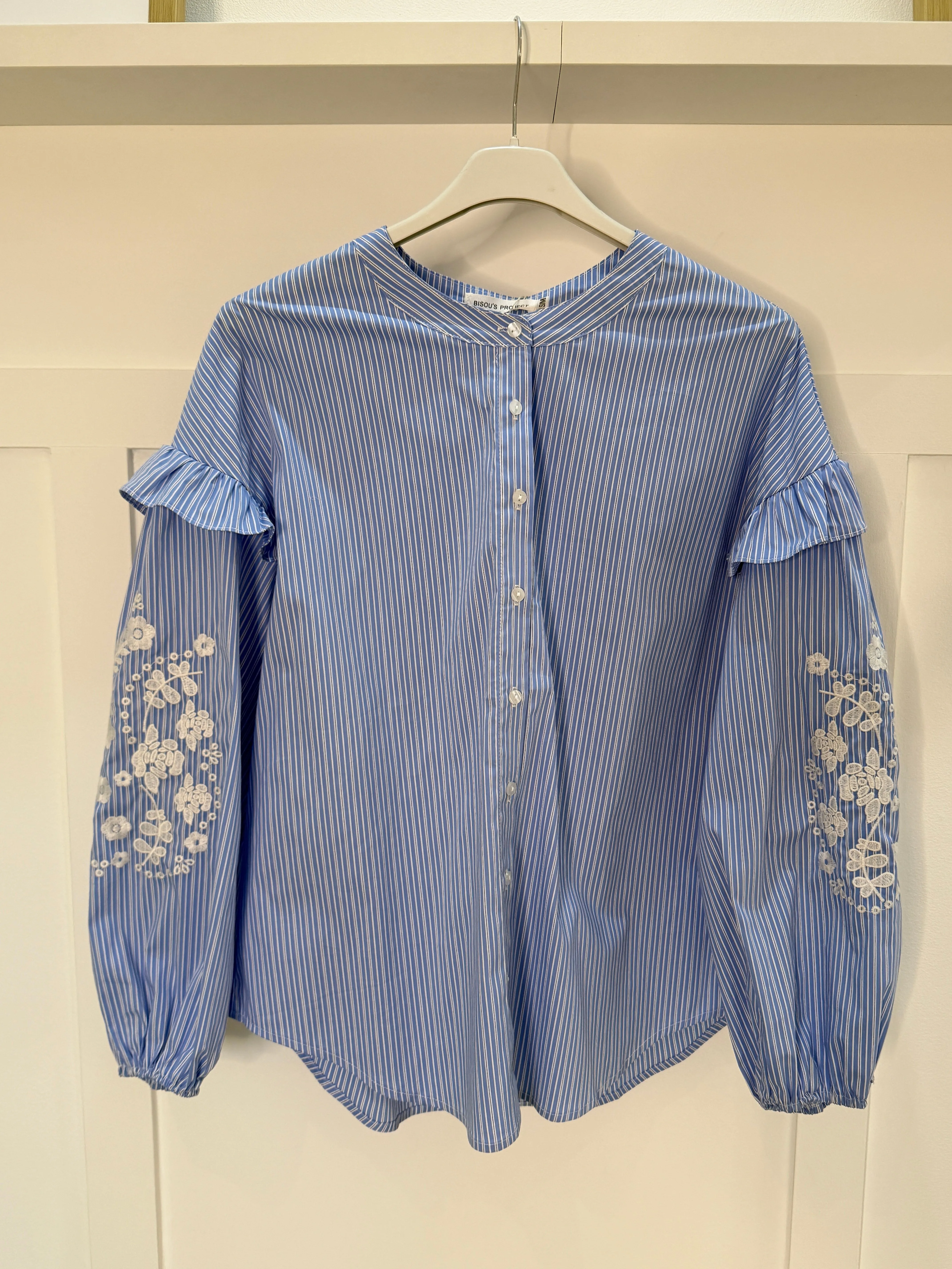 Blue Pinstripe Embroidered Sleeve Shirt
