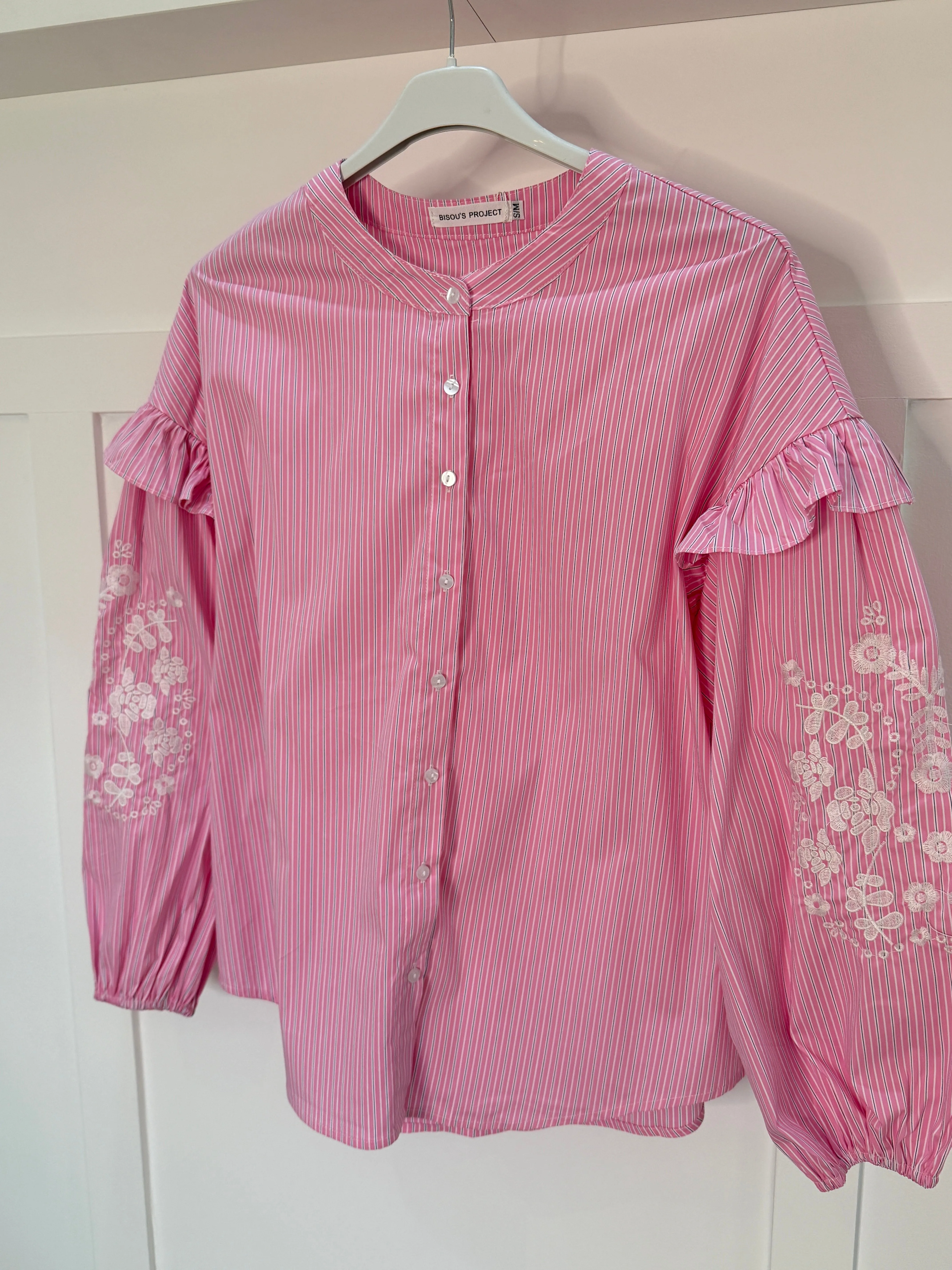 Blue Pinstripe Embroidered Sleeve Shirt