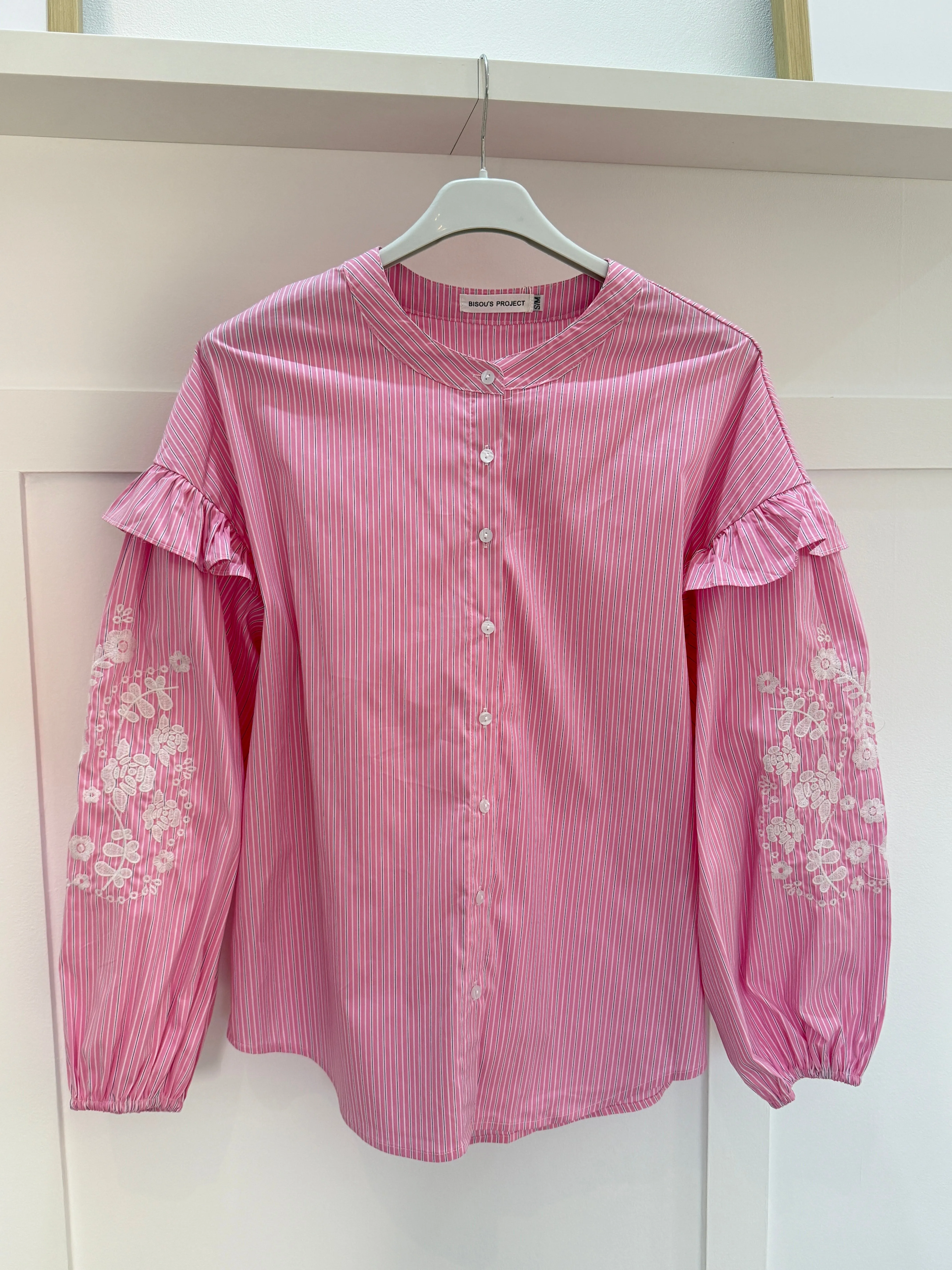 Blue Pinstripe Embroidered Sleeve Shirt