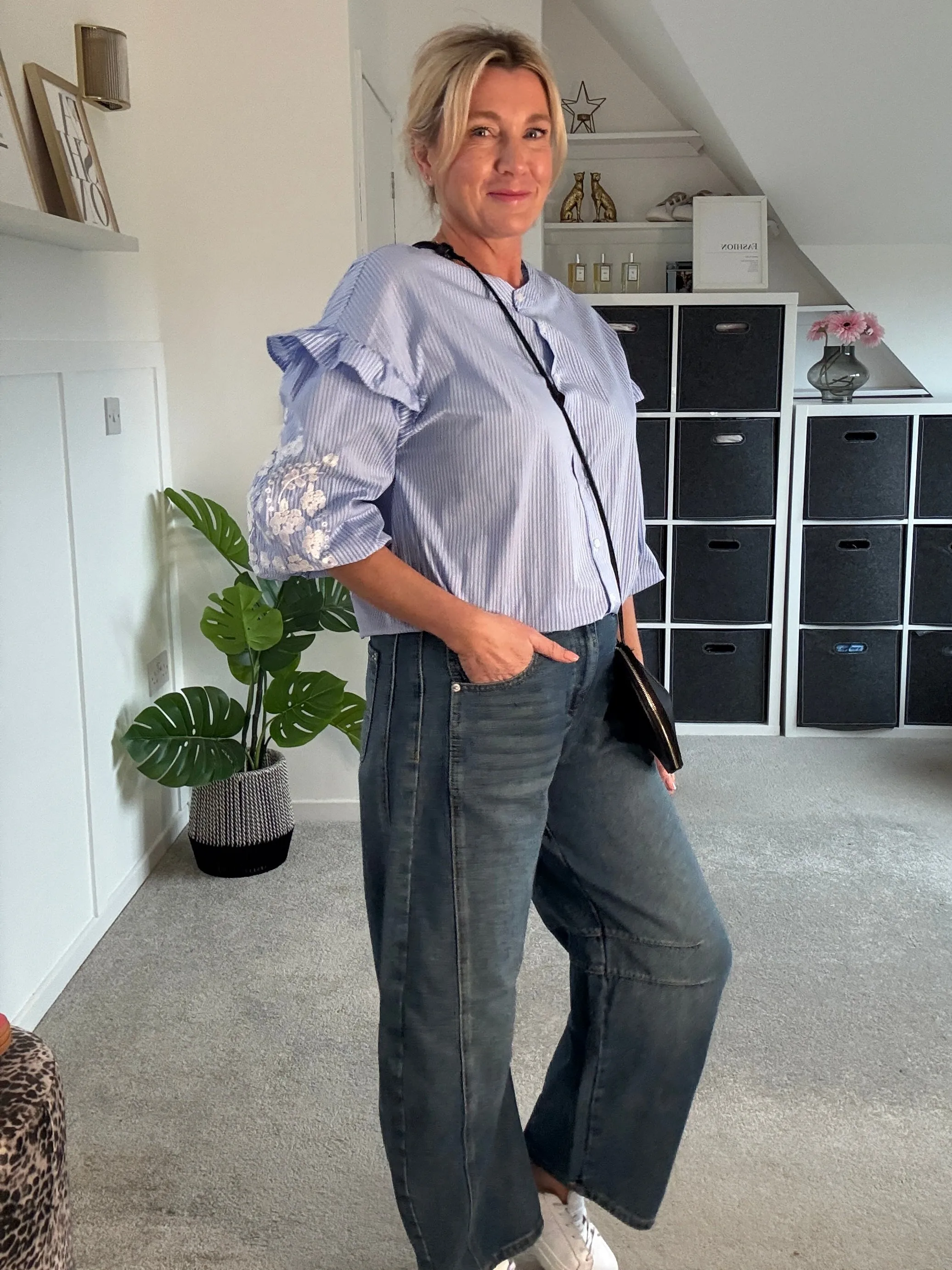 Blue Pinstripe Embroidered Sleeve Shirt