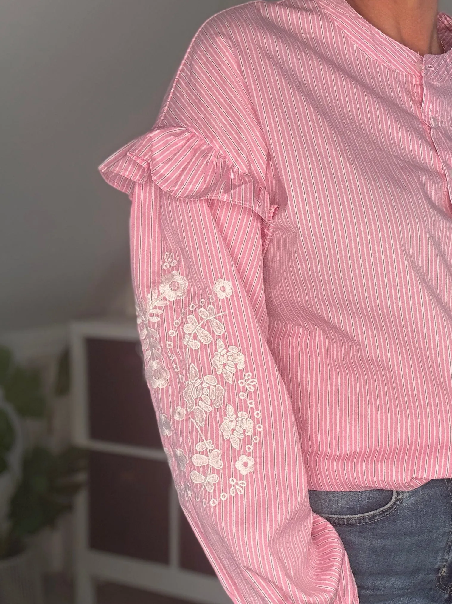 Blue Pinstripe Embroidered Sleeve Shirt