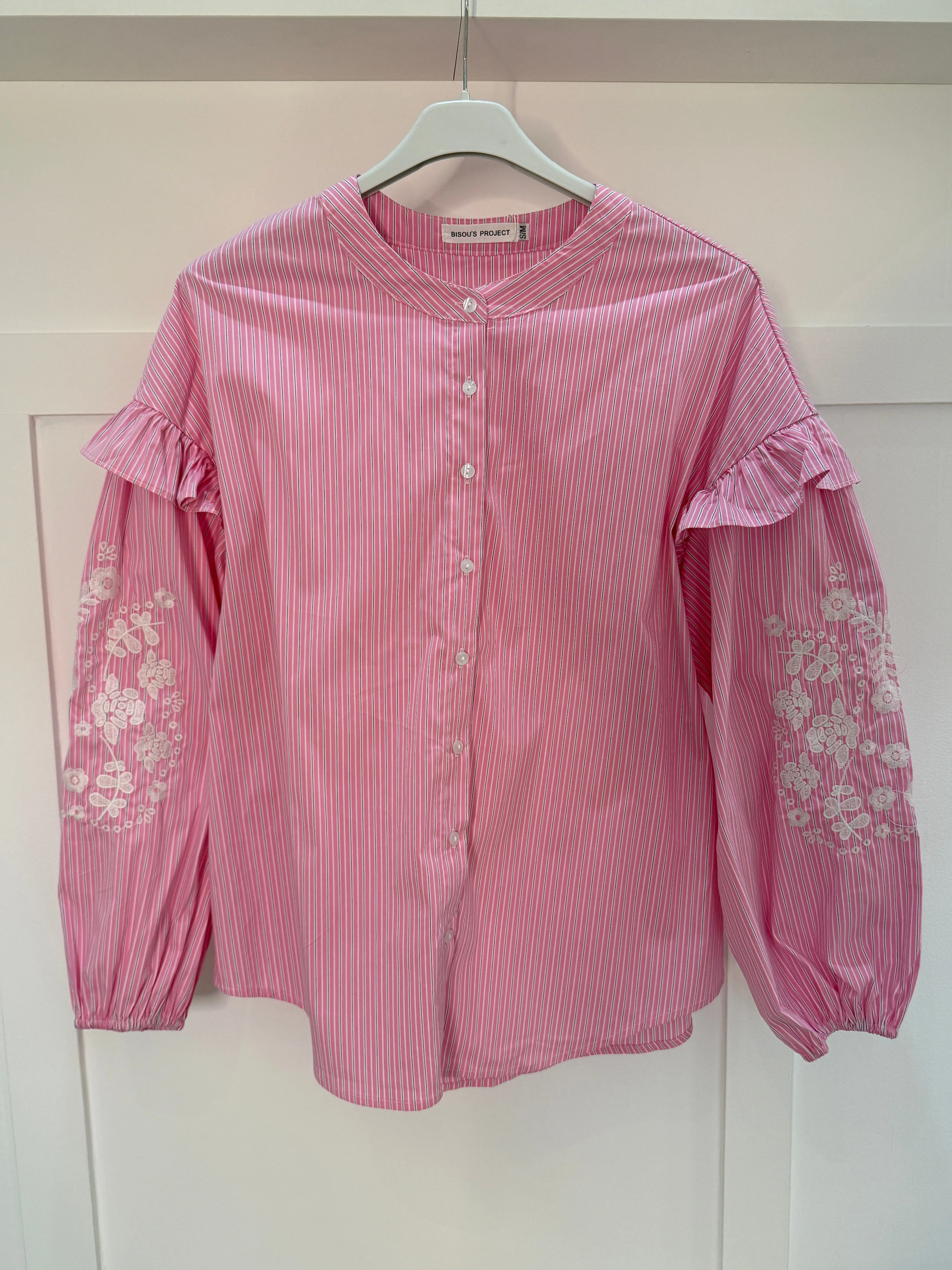 Blue Pinstripe Embroidered Sleeve Shirt