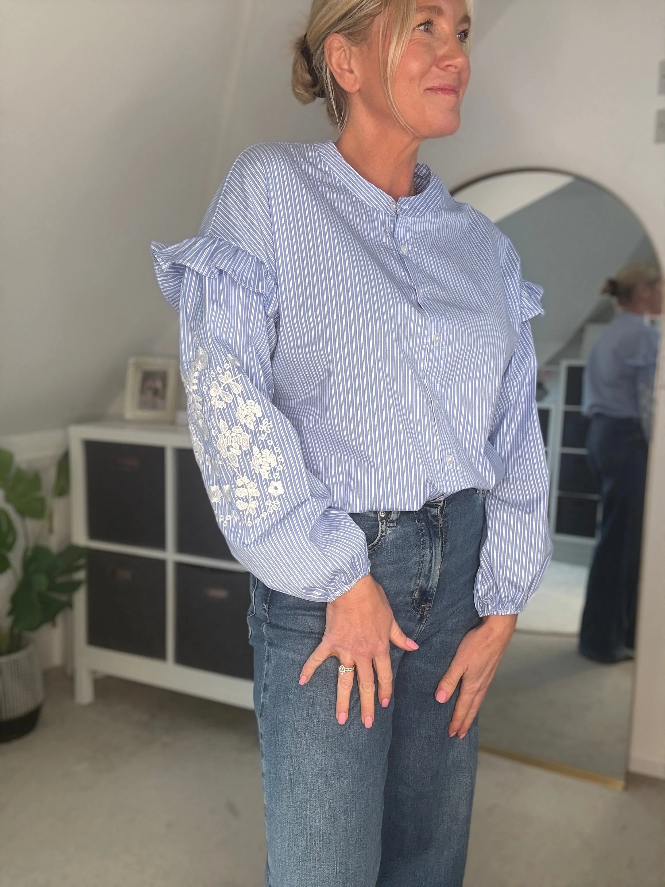 Blue Pinstripe Embroidered Sleeve Shirt