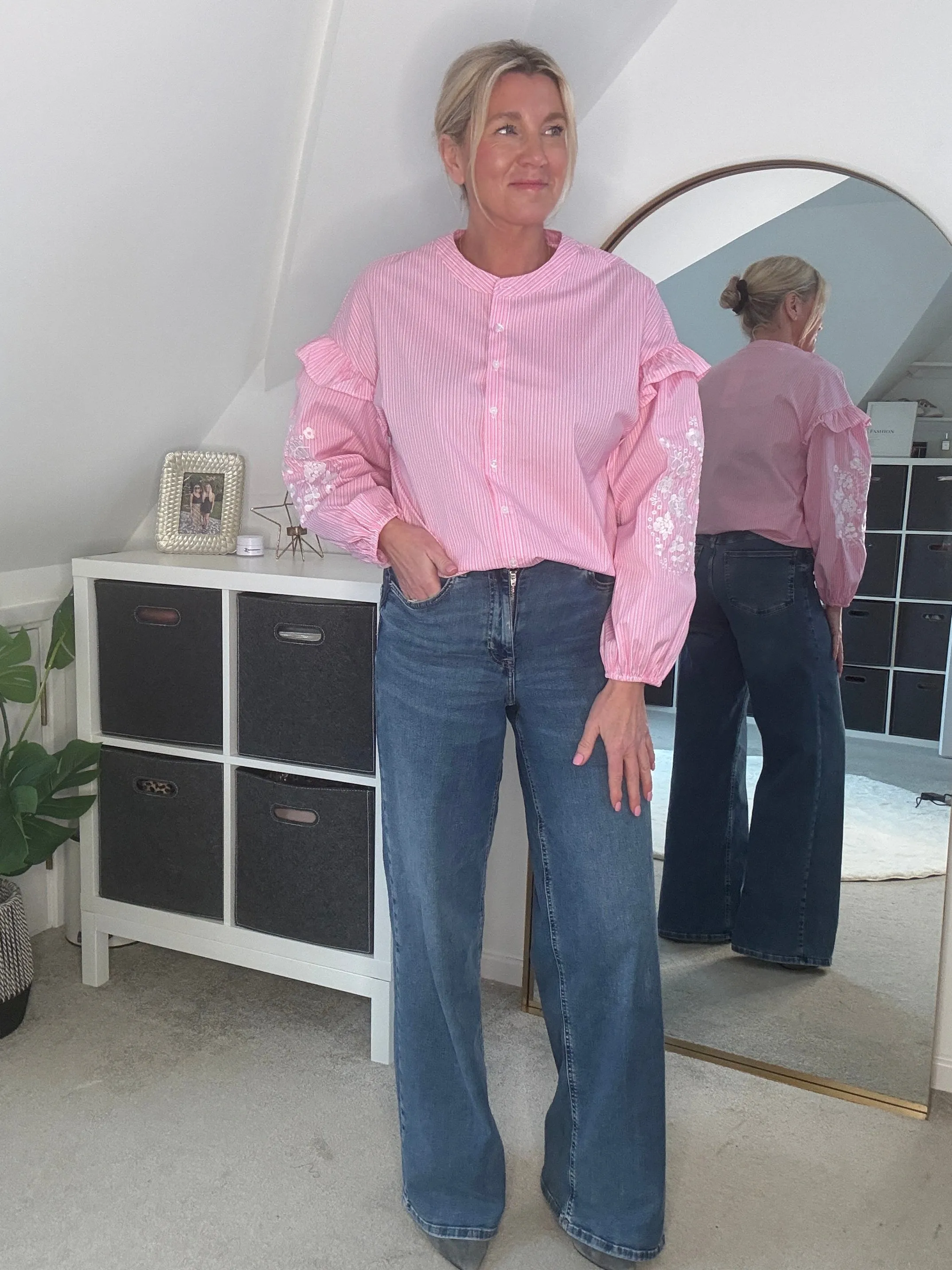Blue Pinstripe Embroidered Sleeve Shirt