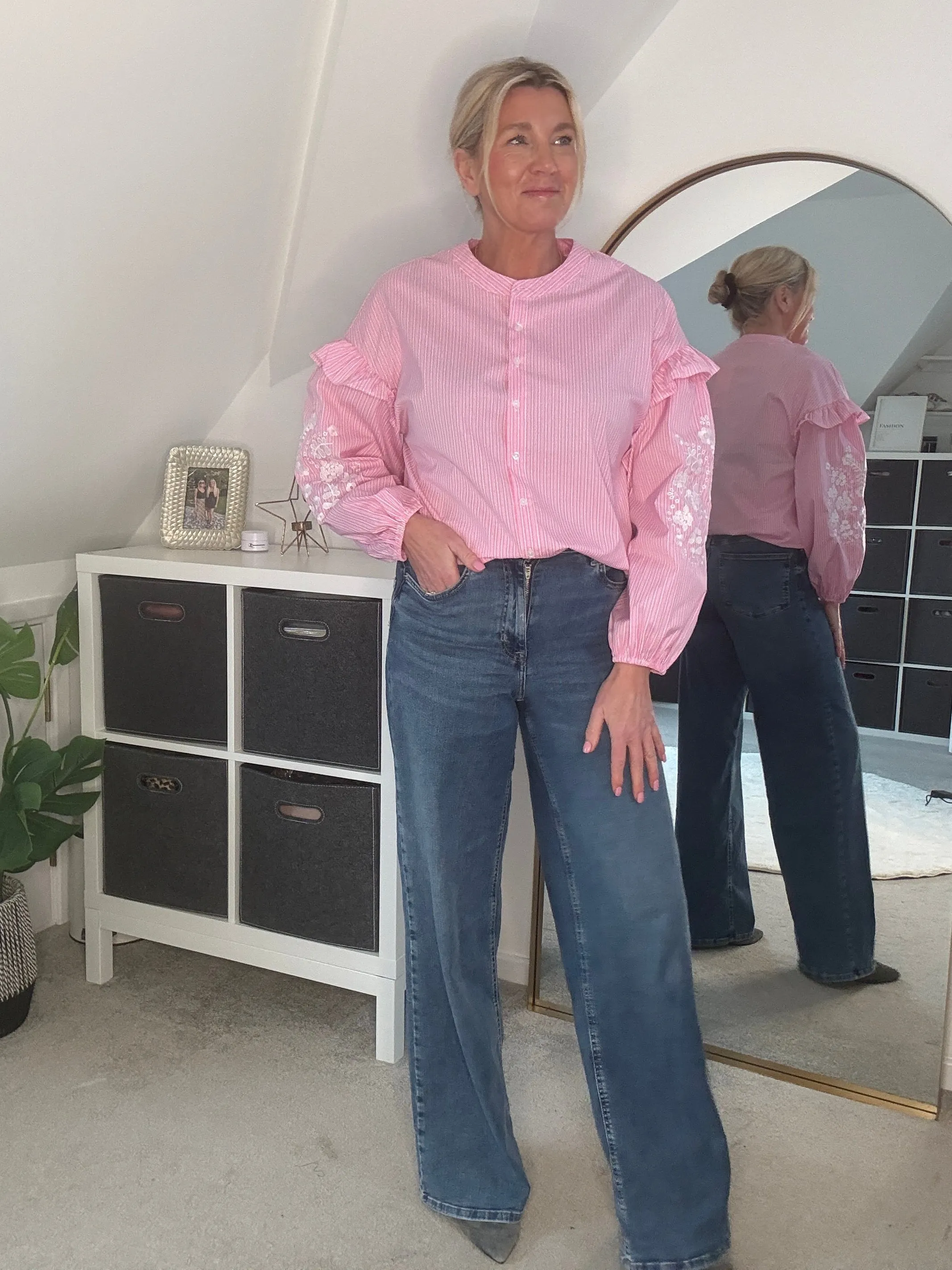 Blue Pinstripe Embroidered Sleeve Shirt