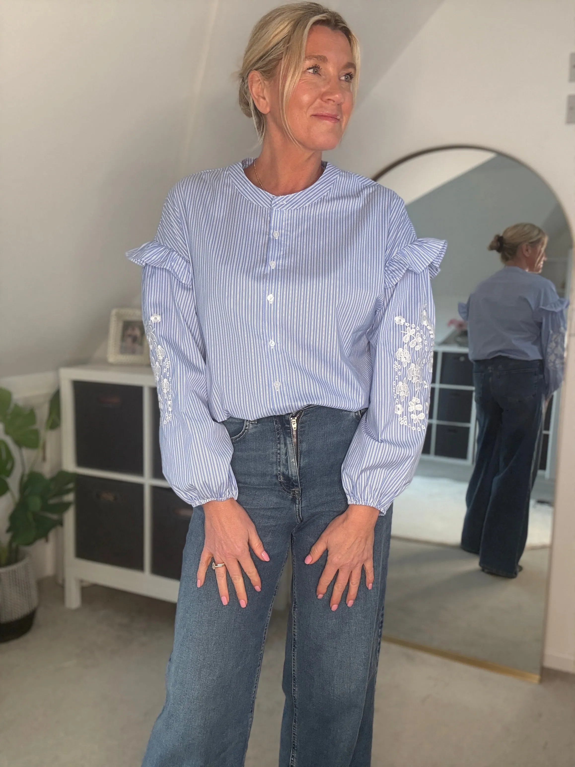 Blue Pinstripe Embroidered Sleeve Shirt