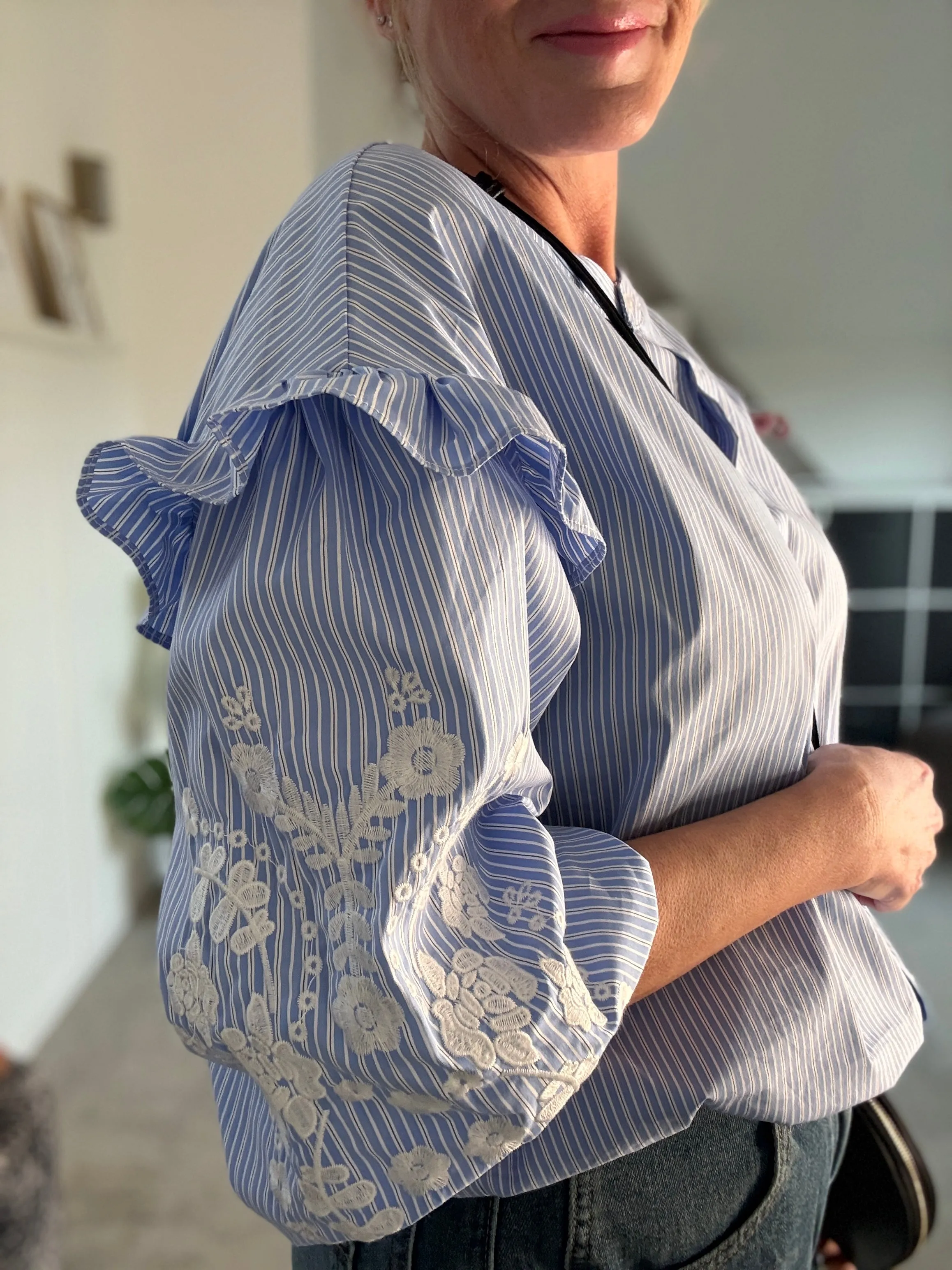 Blue Pinstripe Embroidered Sleeve Shirt