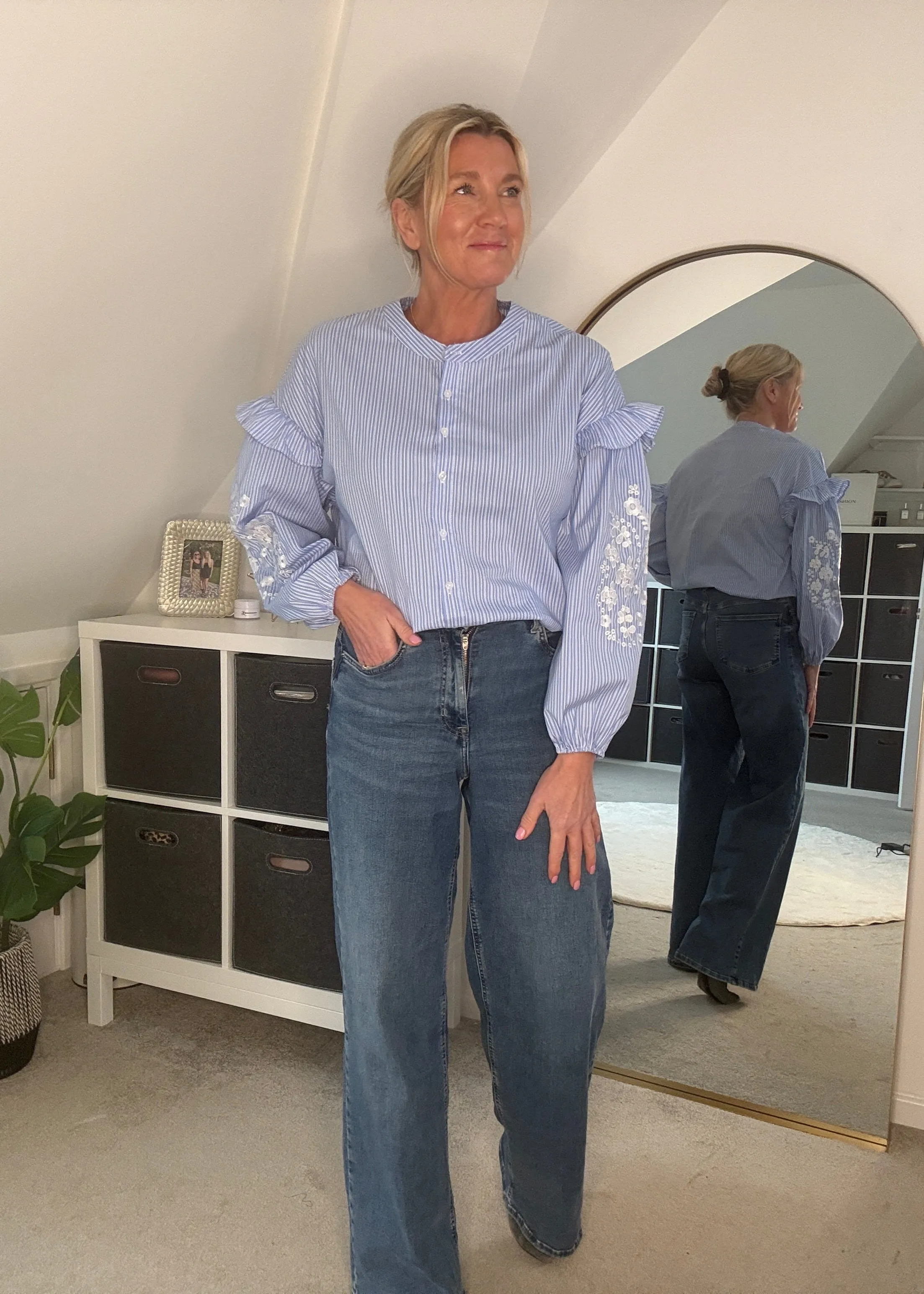 Blue Pinstripe Embroidered Sleeve Shirt