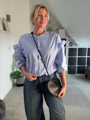 Blue Pinstripe Embroidered Sleeve Shirt