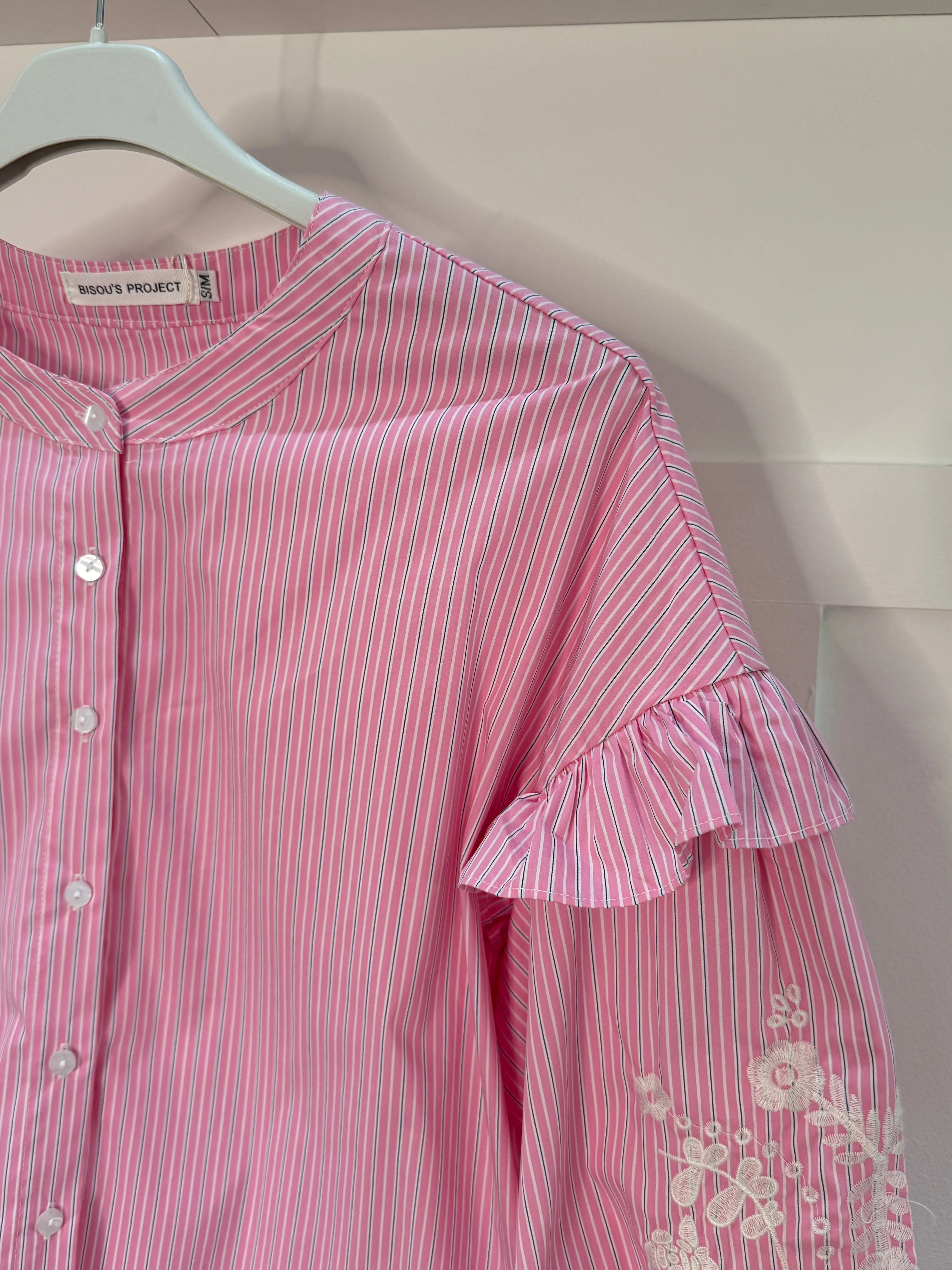 Blue Pinstripe Embroidered Sleeve Shirt