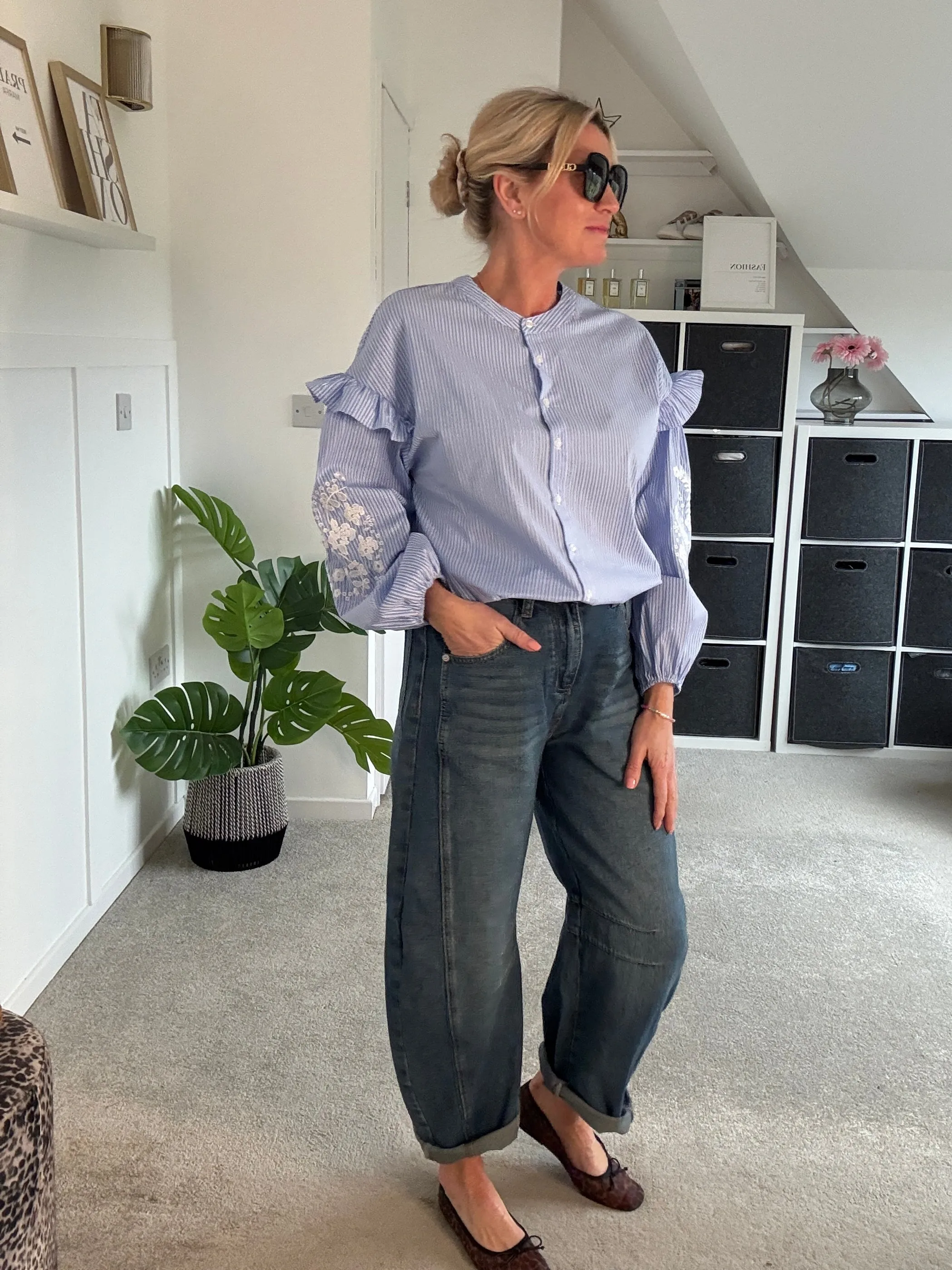 Blue Pinstripe Embroidered Sleeve Shirt