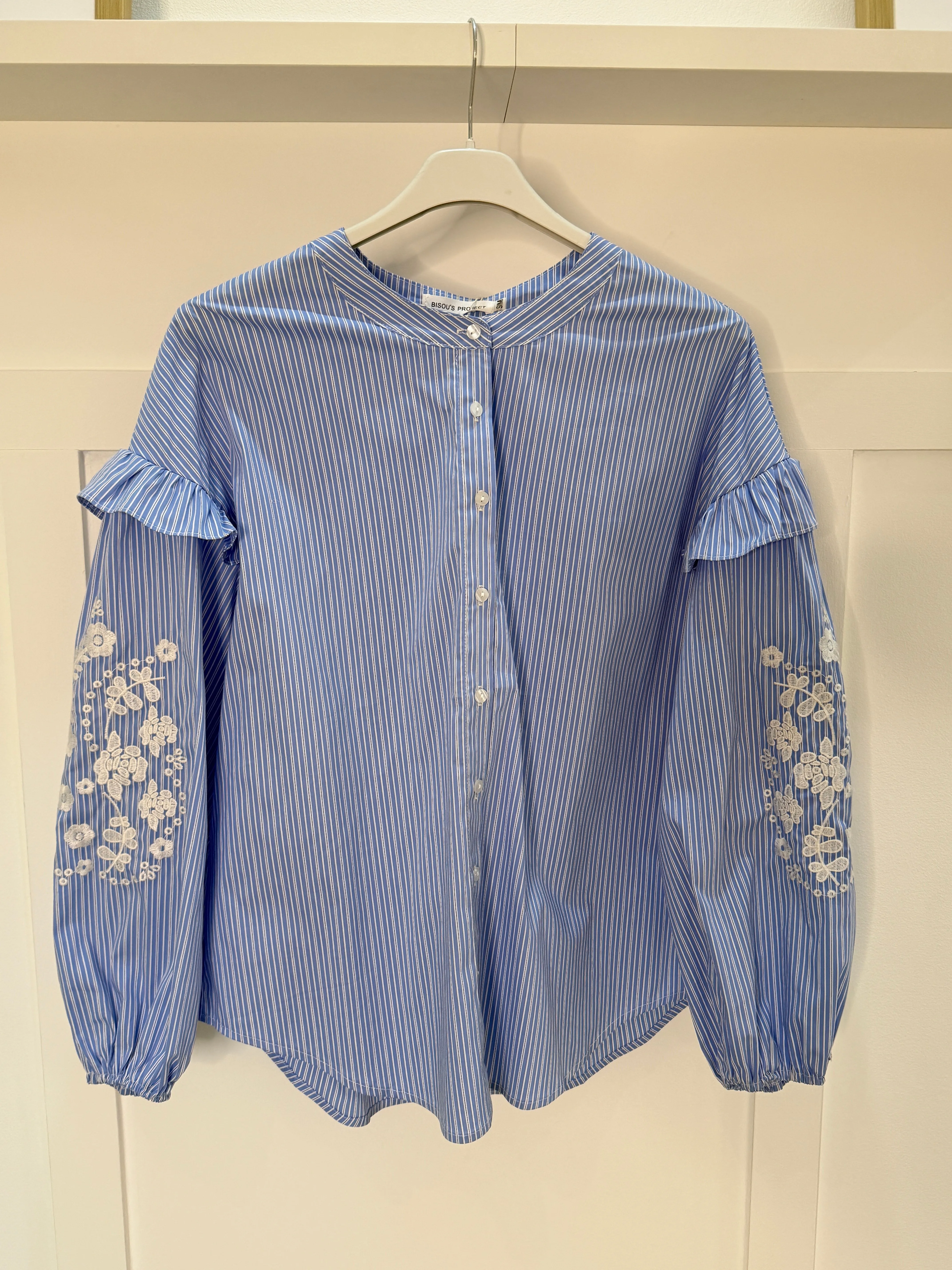 Blue Pinstripe Embroidered Sleeve Shirt