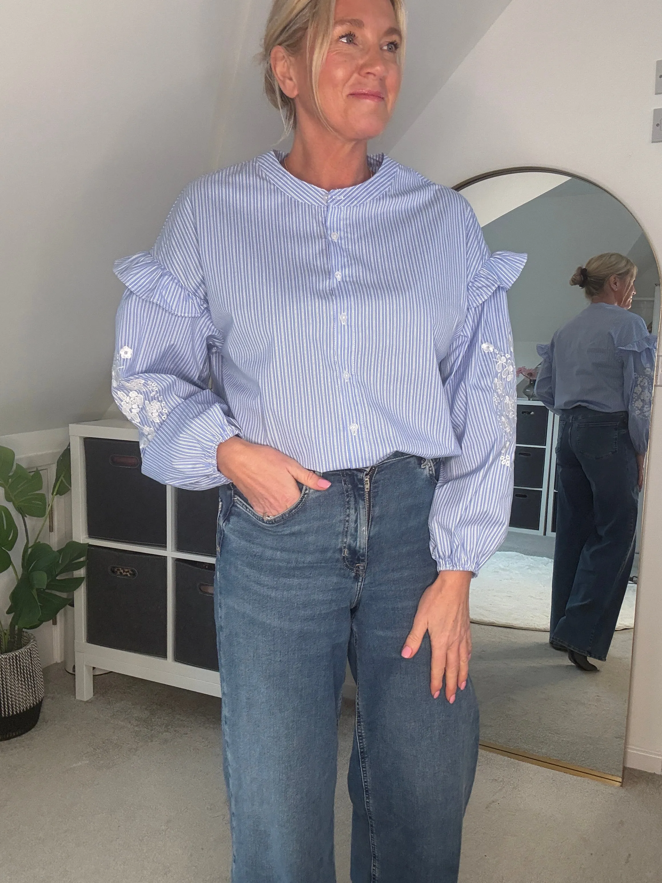 Blue Pinstripe Embroidered Sleeve Shirt