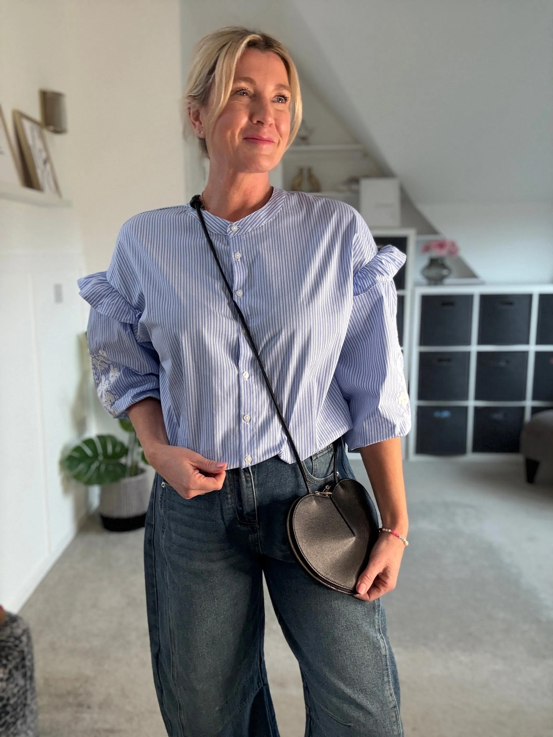 Blue Pinstripe Embroidered Sleeve Shirt
